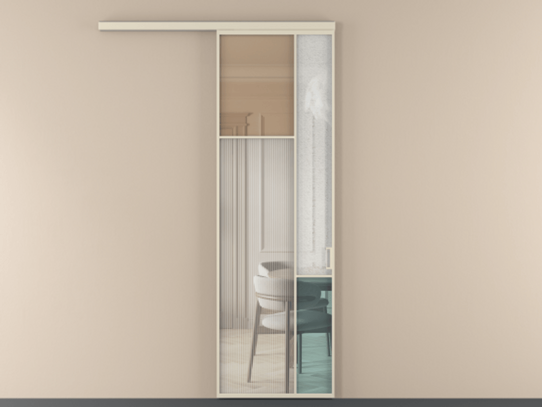 Перегородка Mosaic вдоль стены одностворчатая АЛПР 041.10 Алюминий бежево-серый Комбинация стекол Группы 1 и Группы 3 Цена 143030 ₽ | Volhovec