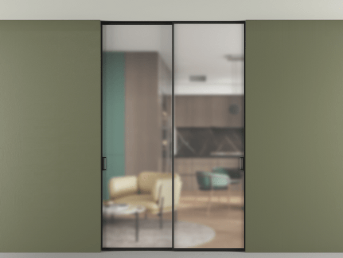 Перегородка Formato внутри проёма двустворчатая со скрытым креплением в потолок АЛПР 040.01 Алюминий Черный Сатинированное стекло "Matelux Crystal Vision", калёное, матовое, каленое 6 мм Цена 286160 ₽ | Volhovec