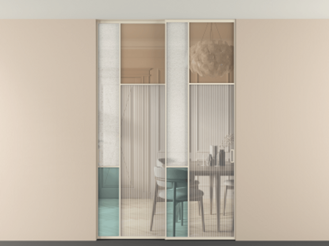 Перегородка Mosaic внутри проёма двустворчатая со скрытым креплением в потолок АЛПР 041.11 Алюминий бежево-серый Комбинация стекол Группы 1 и Группы 3 Цена 336580 ₽ | Volhovec