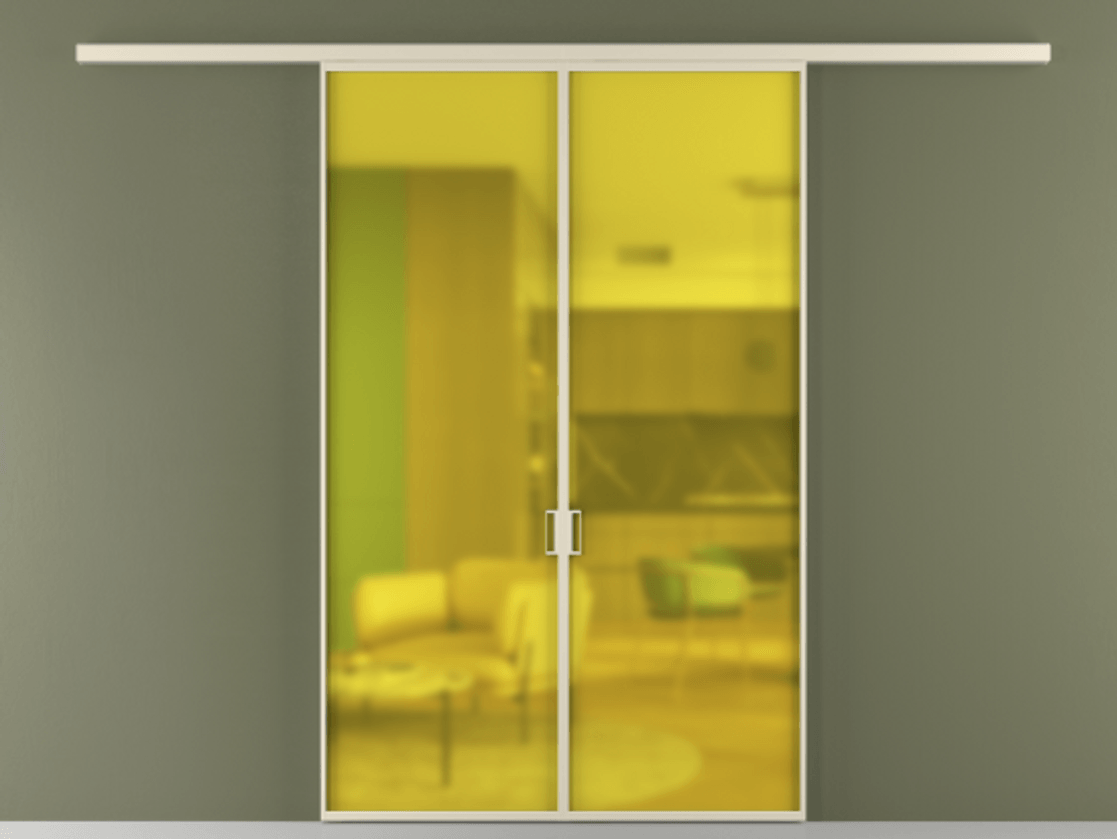 Межкомнатная дверь New Перегородка Formato вдоль стены двустворчатая АЛПР 040.01 Алюминий бежево-серый Сатинированное жёлтое стекло, триплекс Цена 222200  | Volhovec