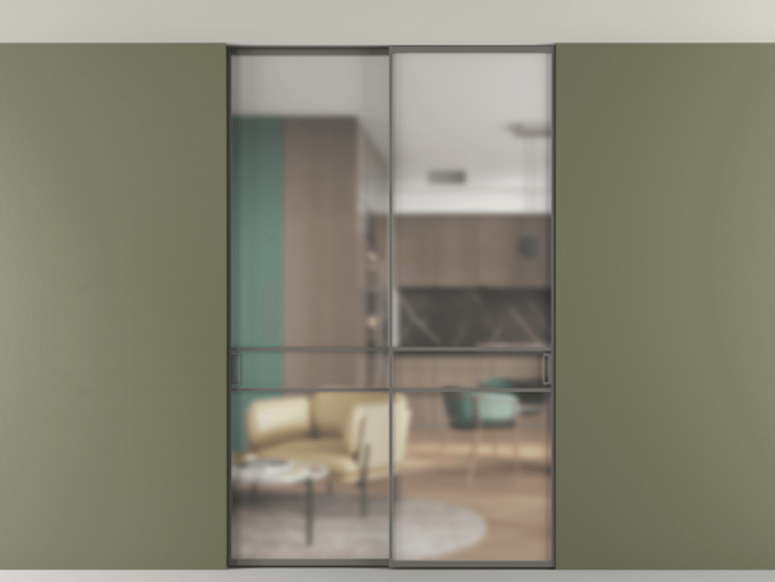 Перегородка Formato внутри проёма двустворчатая со скрытым креплением в потолок АЛПР 040.02 Алюминий классический серый Сатинированное стекло "Matelux Crystal Vision", калёное, матовое, каленое 6 мм Цена 305520 ₽ | Volhovec