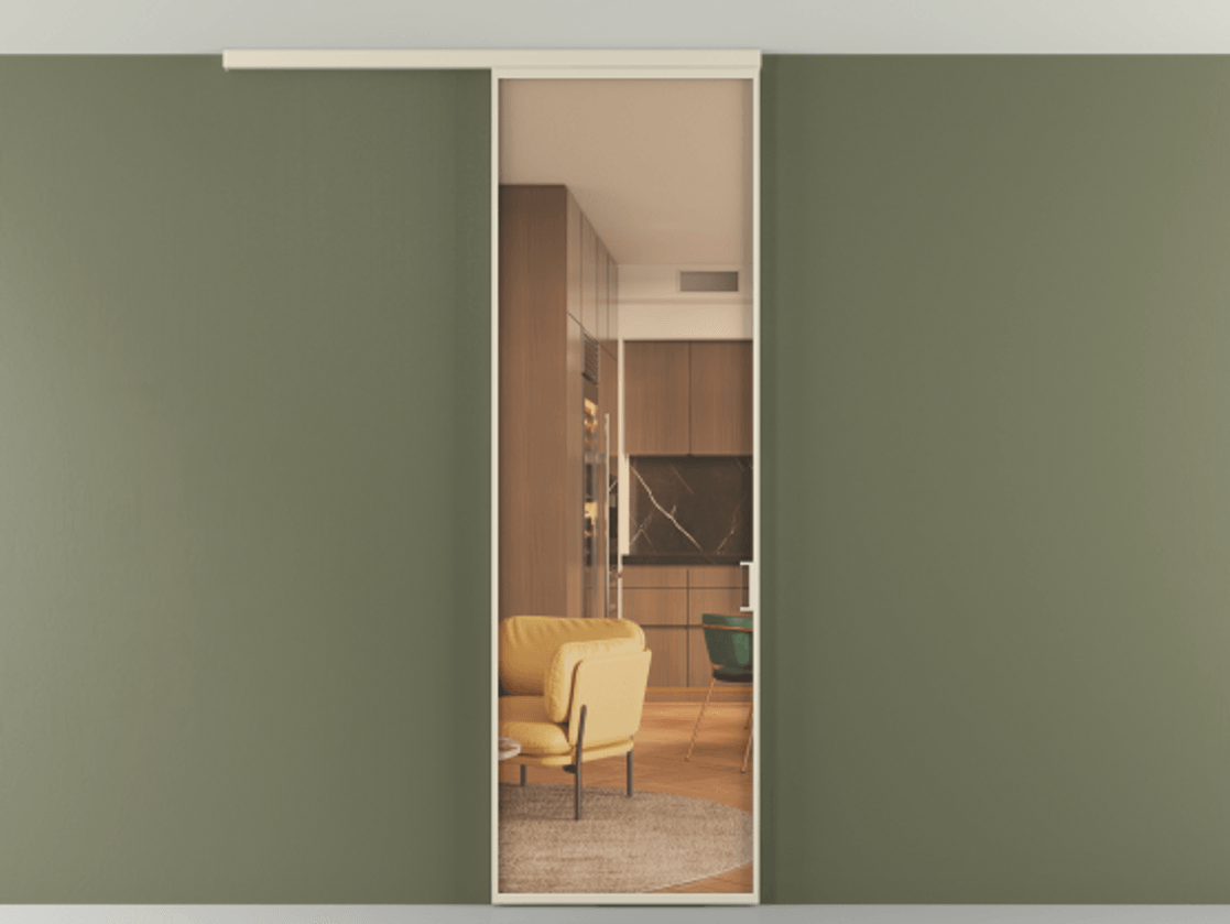 Межкомнатная дверь New Перегородка Formato вдоль стены на потолок одностворчатая АЛПР 040.01 Алюминий бежево-серый Прозрачное оранжевое стекло, триплекс Цена 111570  | Volhovec