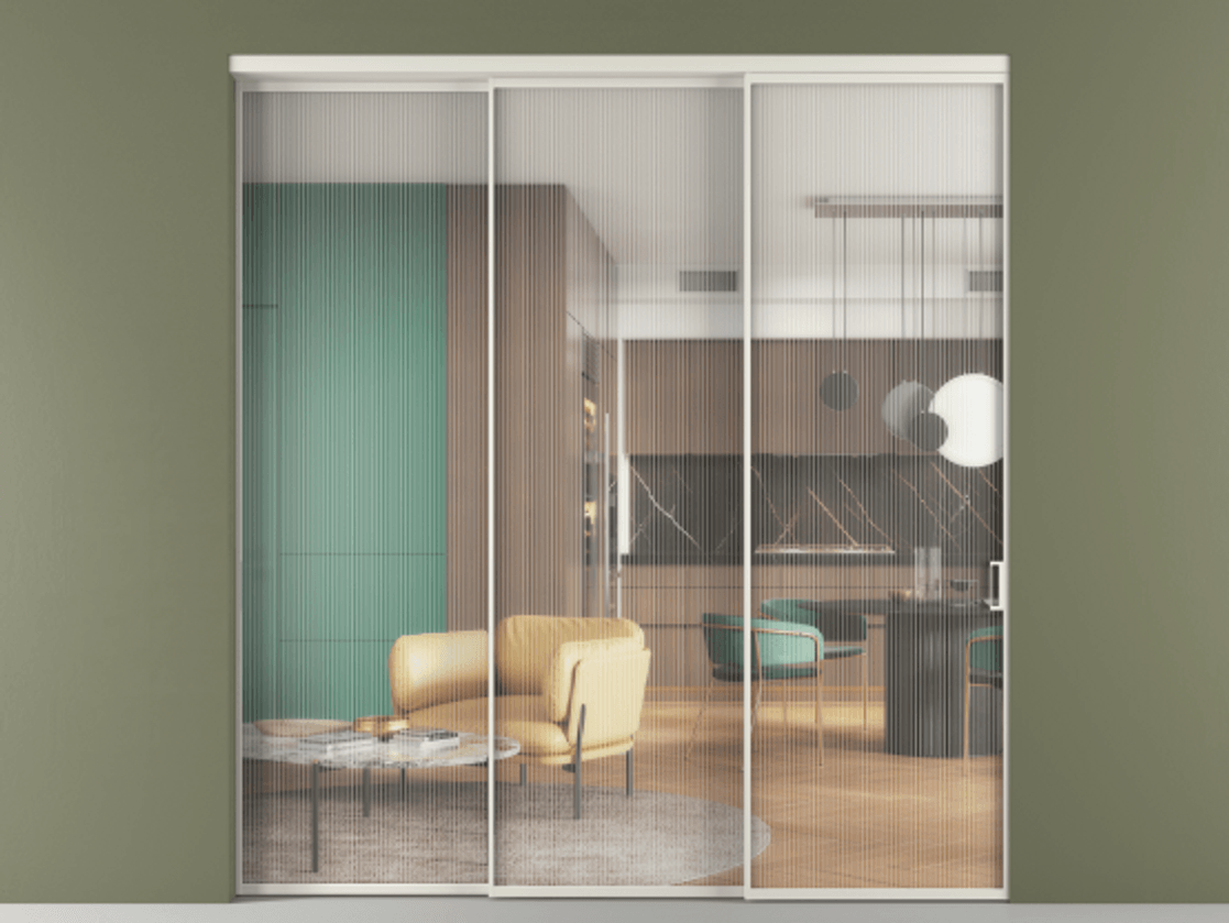 Перегородка Formato внутри проёма телескопик синхро 2 АЛПР 040.01 Алюминий Белый Рифлёное стекло "Moru", триплекс Цена 379900 ₽  | Volhovec