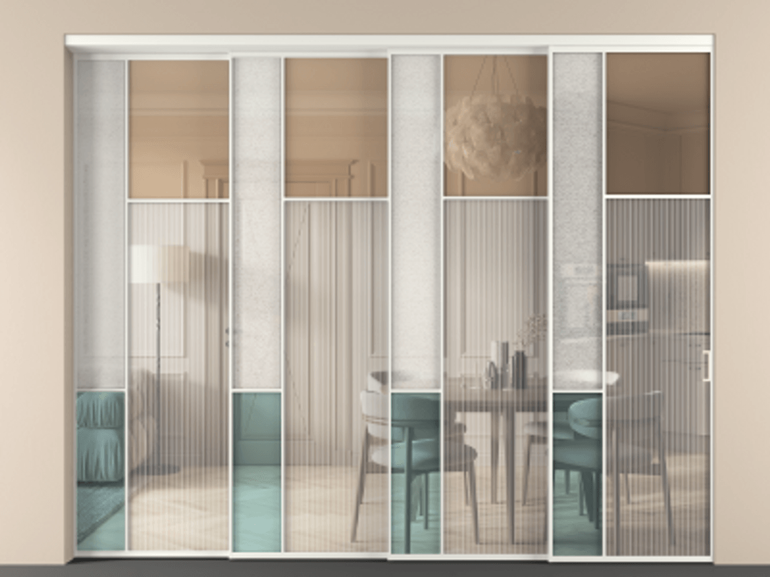 Перегородка Mosaic внутри проёма телескопик синхро 3 АЛПР 041.11 Алюминий бежево-серый Комбинация стекол Группы 1 и Группы 3 Цена 611520 ₽ | Volhovec