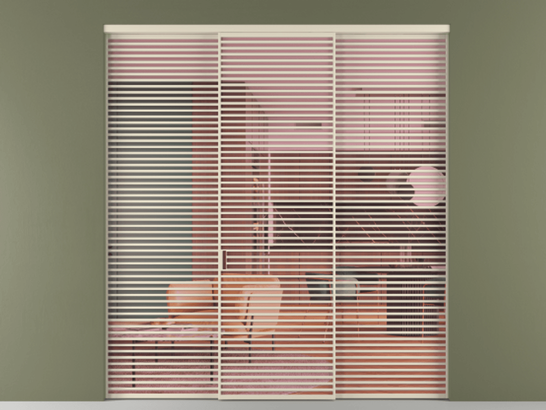 Межкомнатная дверь New Перегородка Formato внутри проёма трёхстворчатая АЛПР 040.07 Алюминий бежево-серый Прозрачное розовое стекло, триплекс Цена 587600  | Volhovec