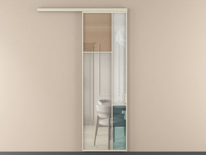 Алюминевая перегородка vd1_7 Алюминий бежево-серый Четыре стекла. Цвет Алюминий бежево-серый. Материал Алюминий в эмали. Коллекция Перегородка Mosaic вдоль стены одностворчатая. Картинка.