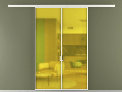 Алюминевая перегородка vd2_01_ Алюминий светло-серый Сатинированное жёлтое стекло, триплекс, 6мм. Цвет Алюминий светло-серый. Материал Алюминий в эмали. Коллекция Перегородка Formato вдоль стены двустворчатая. Картинка.