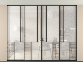 Алюминевая перегородка vntp4_1 ЧЕР. Цвет Алюминий Черный. Материал Алюминий. Коллекция Перегородка Mosaic внутри проёма четырёхстворчатая со скрытым креплением в потолок. Картинка.