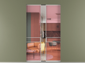 Алюминевая перегородка skr2_02_ Алюминий светло-серый Прозрачное розовое стекло, триплекс, 6мм. Цвет Алюминий светло-серый. Материал Алюминий в эмали. Коллекция Перегородка Formato скрытый пенал двустворчатая. Картинка.