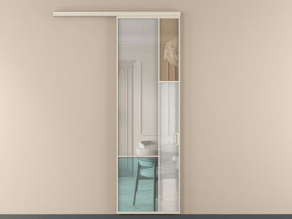 Алюминевая перегородка vd1_8 Алюминий бежево-серый Четыре стекла. Цвет Алюминий бежево-серый. Материал Алюминий в эмали. Коллекция Перегородка Mosaic вдоль стены одностворчатая. Картинка.