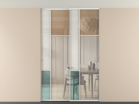 Алюминевая перегородка vntp2_5 Алюминий светло-серый Четыре стекла. Цвет Алюминий светло-серый. Материал Алюминий в эмали. Коллекция Перегородка Mosaic внутри проёма двустворчатая со скрытым креплением в потолок. Картинка.