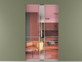 Алюминевая перегородка skr2_02_ Алюминий тёплый серый Прозрачное розовое стекло, триплекс, 6мм. Цвет Алюминий тёплый серый. Материал Алюминий в эмали. Коллекция Перегородка Formato скрытый пенал двустворчатая. Картинка.