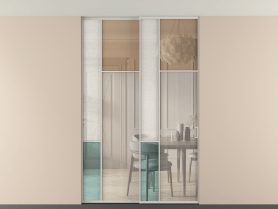 Алюминевая перегородка vntp2_5 Алюминий тёплый серый Четыре стекла. Цвет Алюминий тёплый серый. Материал Алюминий в эмали. Коллекция Перегородка Mosaic внутри проёма двустворчатая со скрытым креплением в потолок. Картинка.